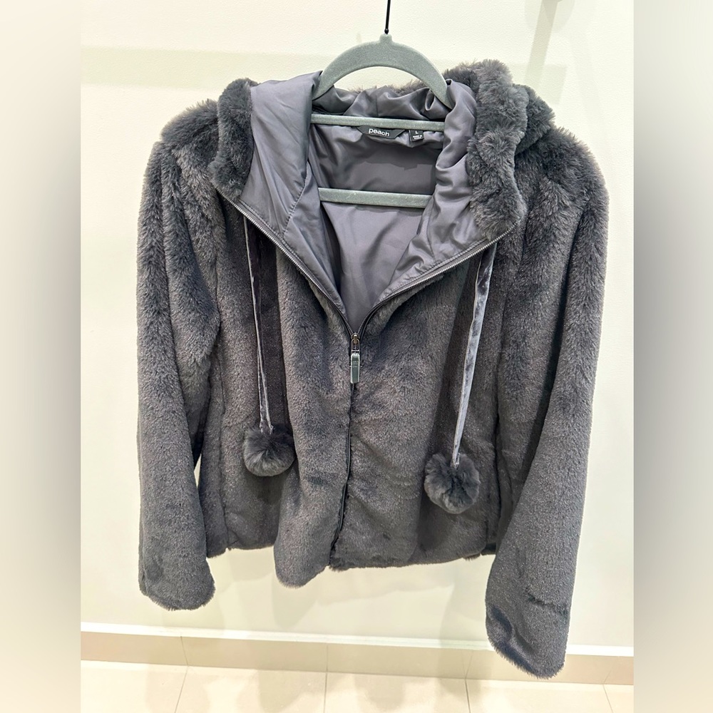 Warm and cozy charcoal grey faux fur cropped jacket w/ hood & PomPom ties